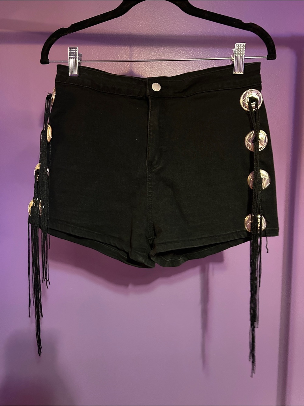 Black Fringe Western Concho High-Waist Women’s Shorts